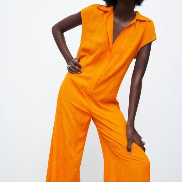 Zara NWT Women FULL LENGTH JACQUARD JUMPSUIT BLOGGERS FAV Orange/Yellow Medium - Picture 2 of 16